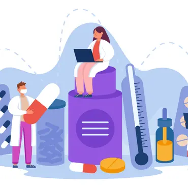 小さな薬剤師と錠剤やビタミンのフラットベクターイラスト