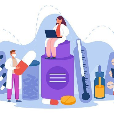 Tiny pharmacist with pills and vitamins flat vector illustration